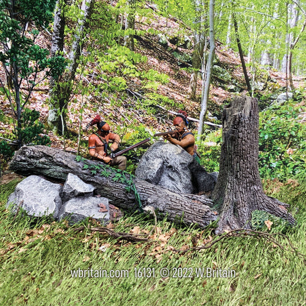 Collectible toy soldier miniature Ambush Set No.3 Two Native Warriors Behind Rocky Outcropping. They are in a forest.