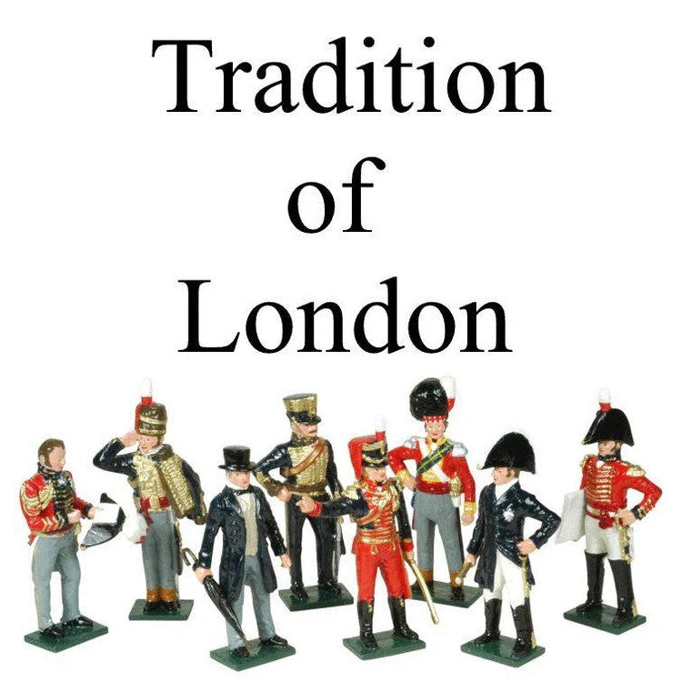 Figurines of men in historical British uniforms with text 'Tradition of London' on a white background