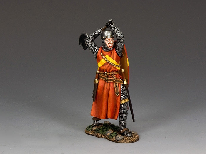 The Axeman Cometh. Hand-painted 1/30 scale Crusader Knight military miniature with two-handed battle axe, red surcoat, and shield in combat stance.