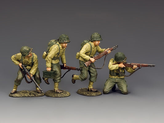 Four WWII U.S. Army Rangers advance under fire on D-Day, armed with M1 Garands and a BAR, 1/30 scale matte toy soldier set.