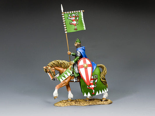 Toy Soldier Model figure of a knight on horseback with a banner against a gray background
