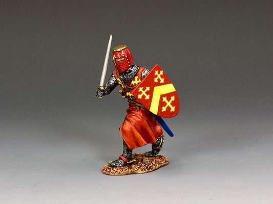 Model of a warrior in red armor with a sword and shield on a gray background