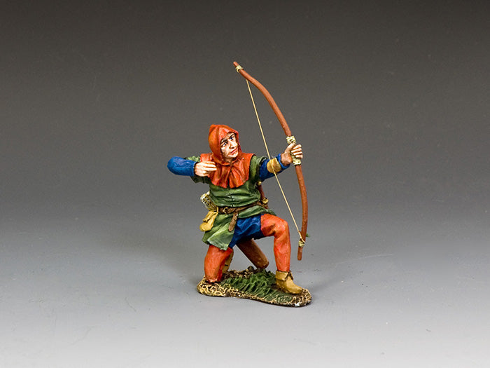 1/30 scale kneeling Crusader archer in red hood and green tunic, aiming a longbow during the medieval Crusades.