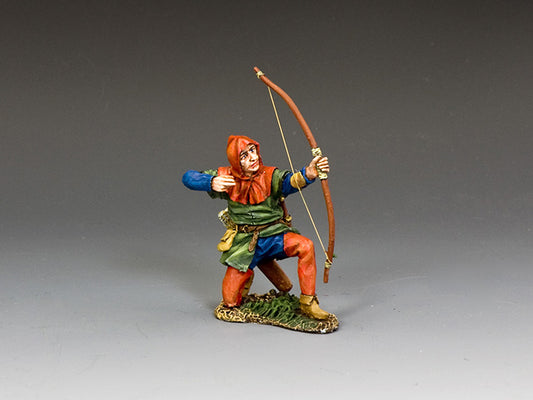 1/30 scale kneeling Crusader archer in red hood and green tunic, aiming a longbow during the medieval Crusades.