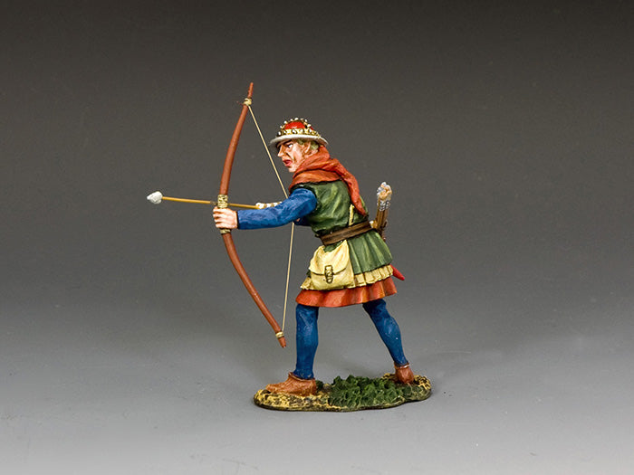 "1/30 scale Crusader archer aiming longbow, in period tunic and helmet, ready to fire during the medieval Crusades."