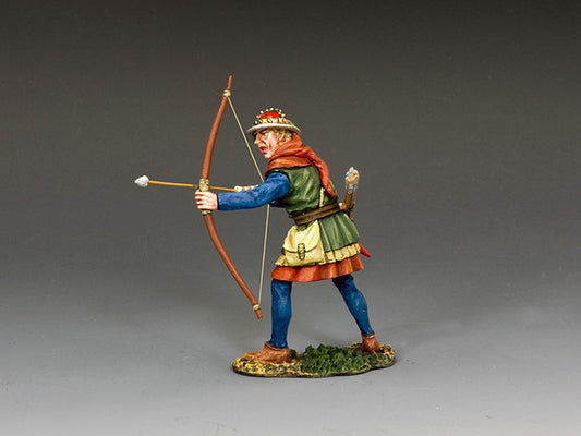 "1/30 scale Crusader archer aiming longbow, in period tunic and helmet, ready to fire during the medieval Crusades."