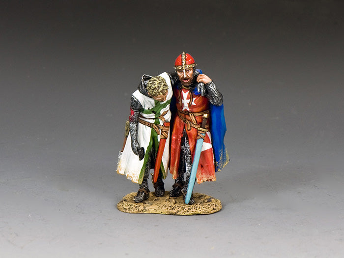 Two toy soldier figurines of a warrior and a on a gray background.