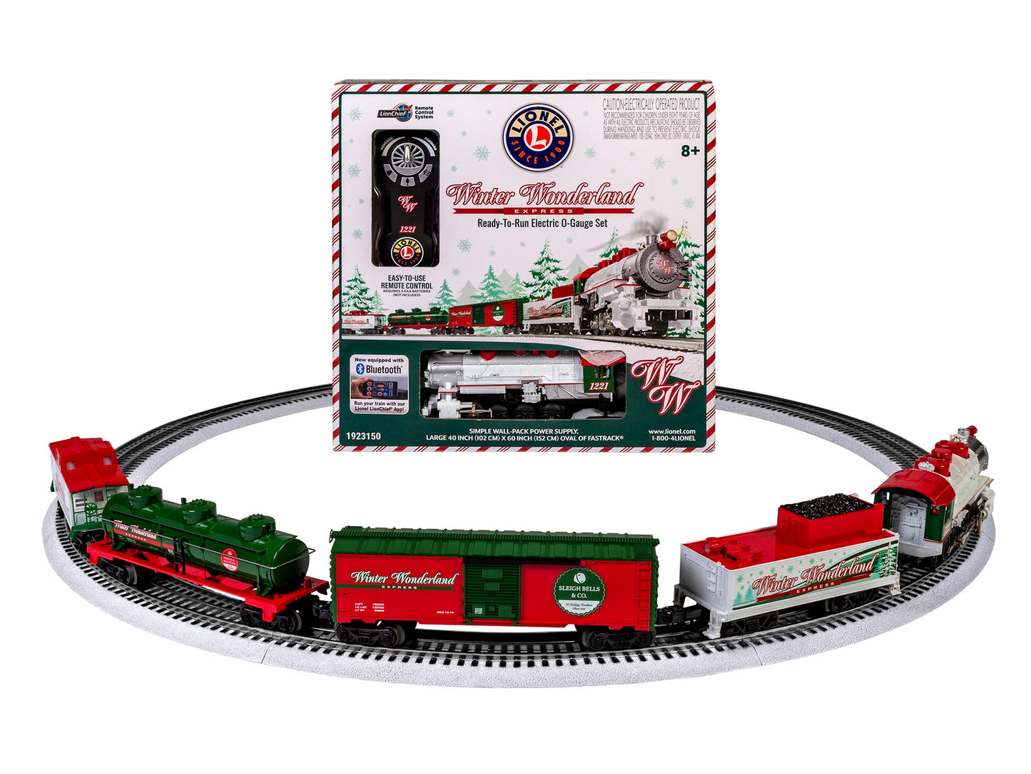 Lionel model train set O Scale Winter Wonderland LionChief Set. Five rail cars.