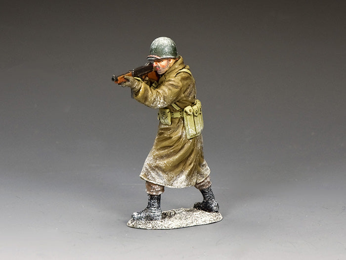 WWII U.S. infantry sergeant with Thompson submachine gun in winter gear, Battle of the Bulge. 1/30 scale matte figure.