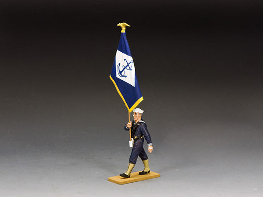 King & Country USN033 Navy Flagbearer 1/30 scale Bluejacket figure carrying U.S. Navy Infantry Battalion flag