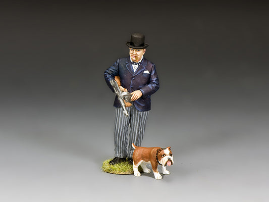 King & Country Winston S. Churchill toy soldier DD371 with bulldog and Thompson submachine gun WWII 1/30 scale figure