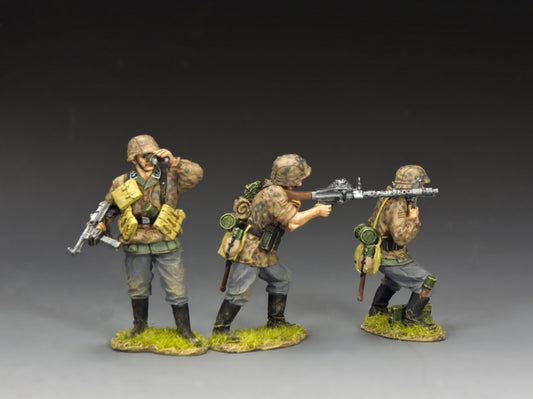 Three toy soldiers in military gear on a gray background