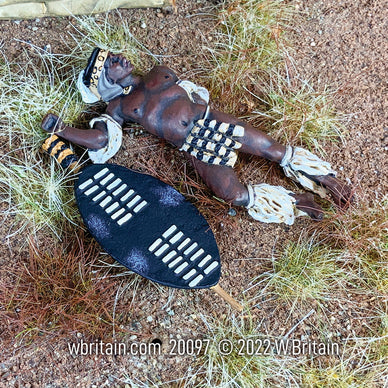 Toy soldier miniature army men Zulu Warrior Casualty. He is on the ground.
