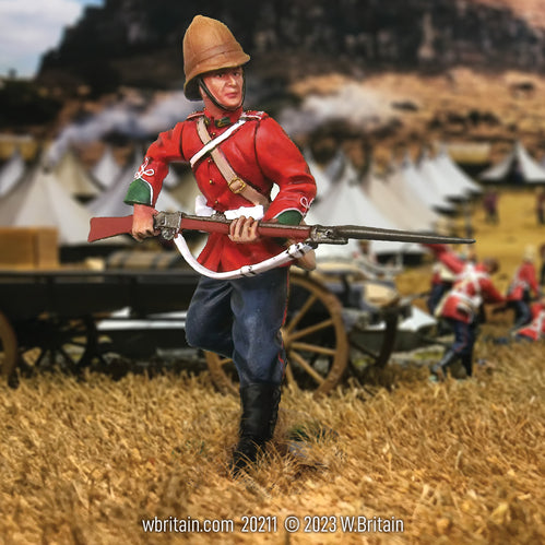 Collectible toy soldier miniature British 24th Foot Defending with Bayonet. He is on the battlefield.