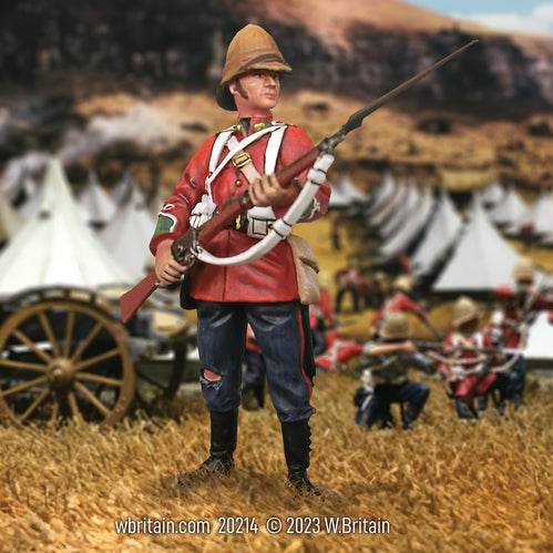 Collectible toy soldier miniature British 24th Foot Standing Alert. He is on the battlefield.