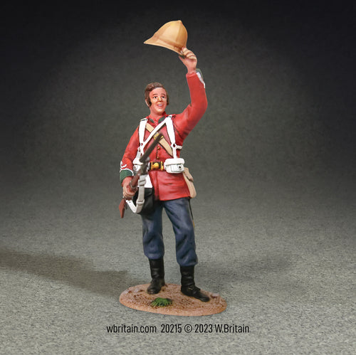 A highly detailed miniature figurine of a British 24th Foot soldier from 1879, shown cheering with his helmet raised in his right hand.