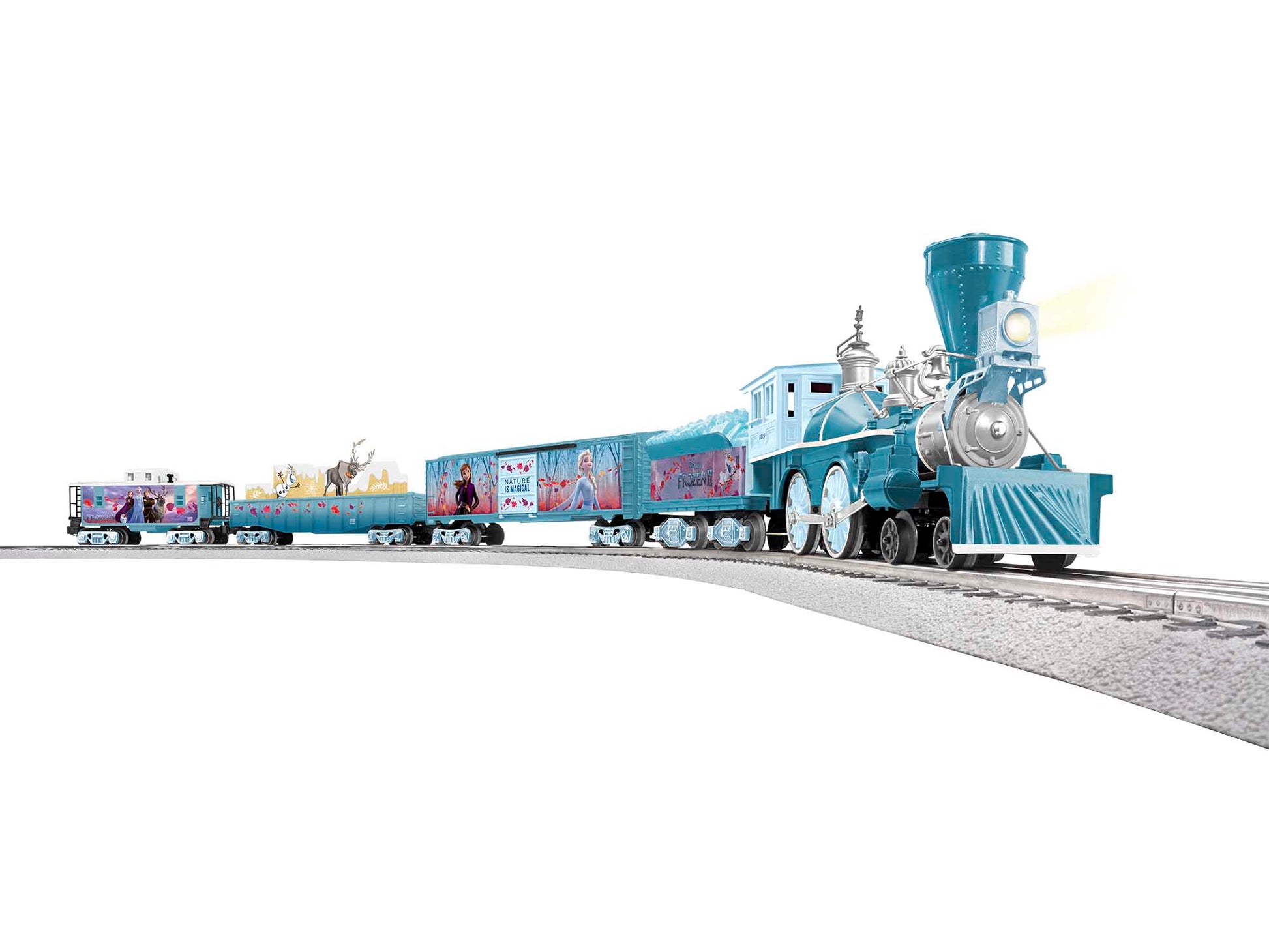 Model train set O scale Disney Frozen 2 LionChief. Train on the tracks.