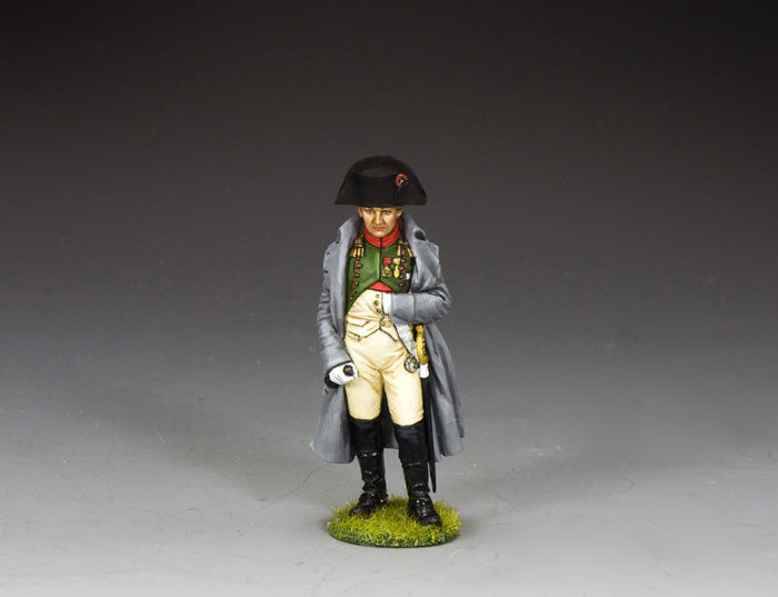 Napoleon in green tunic of Chasseur à Cheval with bicorne hat and greatcoat. 1/30 scale matte finish figure.