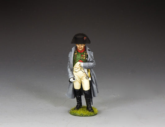 Napoleon in green tunic of Chasseur à Cheval with bicorne hat and greatcoat. 1/30 scale matte finish figure.