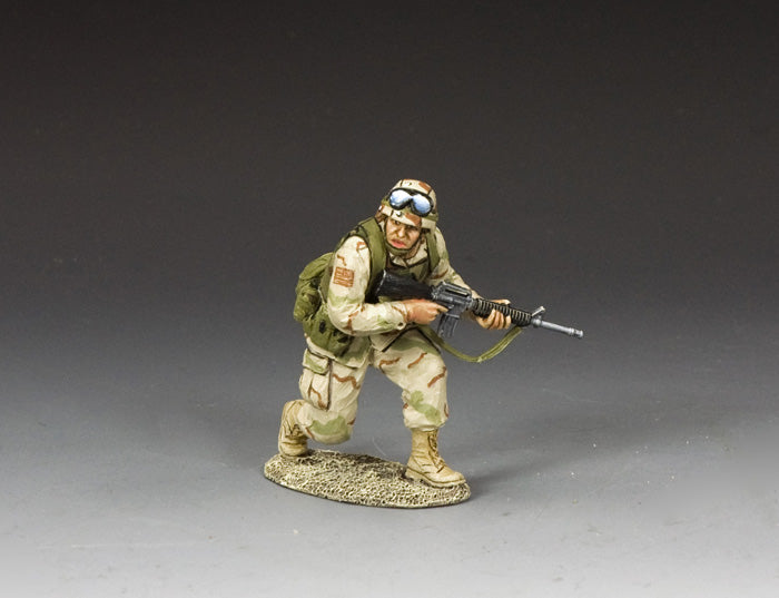 Toy soldier figure in military uniform with weapon on a gray background