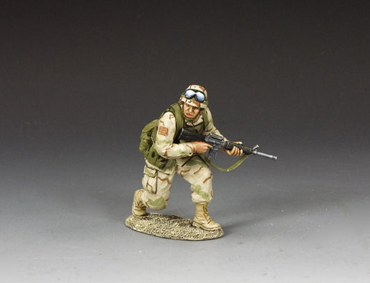 Toy soldier figure in military uniform with weapon on a gray background