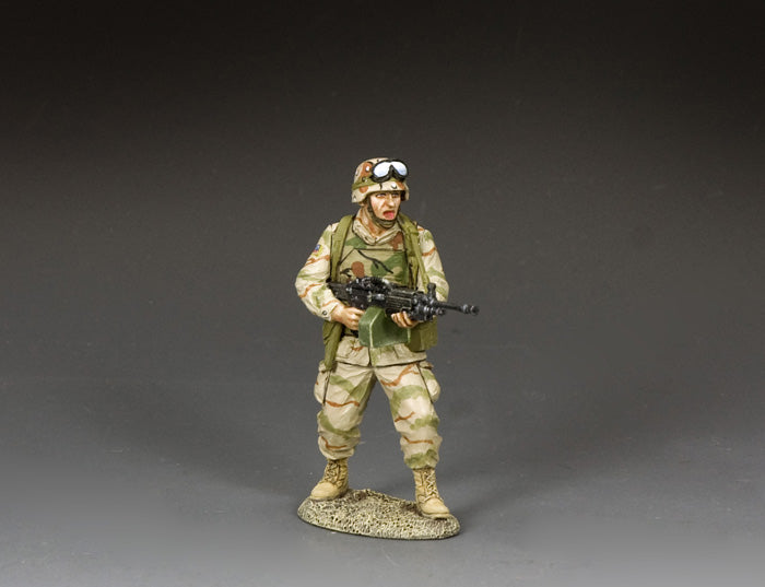 U.S. Army Ranger toy soldier standing armed with M249 SAW light machine gun, ready for action.