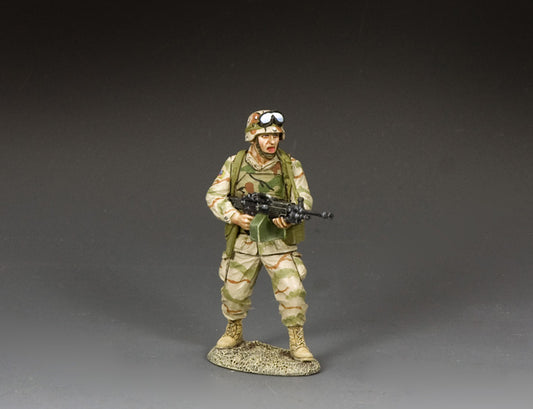 U.S. Army Ranger toy soldier standing armed with M249 SAW light machine gun, ready for action.