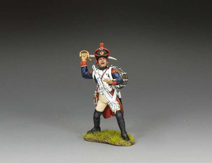 King & Country NA524 French Light Infantry Drummer figure — red shako with brass plate, red epaulettes, blue coat, raised sabre-briquet, drum slung at side, defending himself in close combat