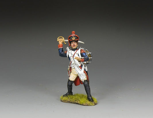 King & Country NA524 French Light Infantry Drummer figure — red shako with brass plate, red epaulettes, blue coat, raised sabre-briquet, drum slung at side, defending himself in close combat