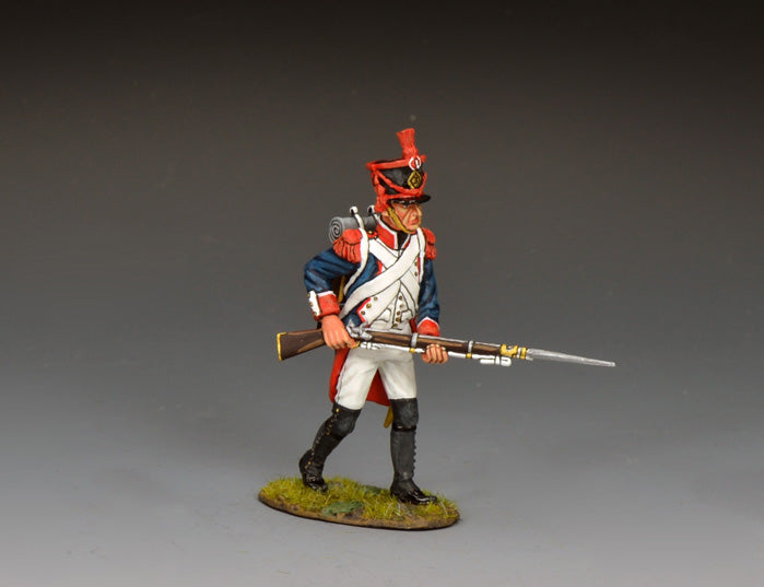 King & Country FLI Advancing w/Musket Levelled, French Light Infantry advancing with Charleville musket leveled at waist and bayonet forward, red plume shako, blue coat with red facings, 1/30 60mm matte figure, NA530
