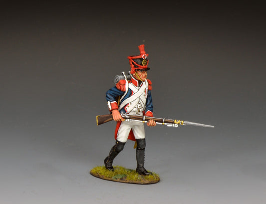 King & Country FLI Advancing w/Musket Levelled, French Light Infantry advancing with Charleville musket leveled at waist and bayonet forward, red plume shako, blue coat with red facings, 1/30 60mm matte figure, NA530