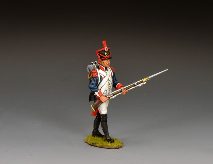 King & Country FLI Advancing Port Arms, French Light Infantry advancing with Charleville musket and fixed bayonet held across body at port arms, red plume shako, blue coat with red facings, 1/30 60mm matte figure, NA531