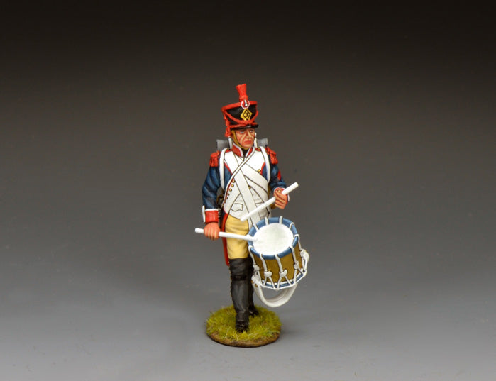 King & Country FLI Advancing Drummer, French Light Infantry drummer advancing with drum at hip and sticks raised, red plume shako, blue coat with red facings, white cross-belt, briquet sword, 1/30 60mm matte figure, NA532