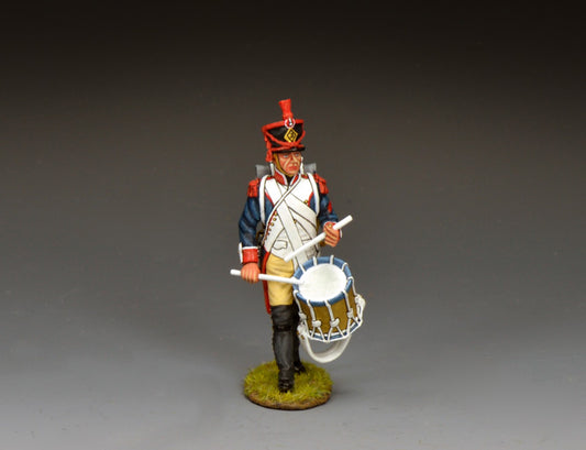 King & Country FLI Advancing Drummer, French Light Infantry drummer advancing with drum at hip and sticks raised, red plume shako, blue coat with red facings, white cross-belt, briquet sword, 1/30 60mm matte figure, NA532