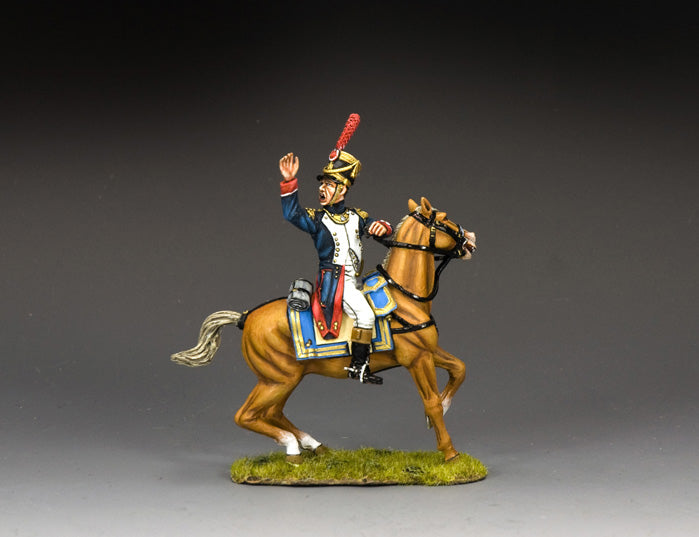 King & Country French Line Infantry Mounted Officer, mounted Chef de Bataillon battalion commander in dark blue coat with white facings, gold epaulettes, bicorne hat, 1/30 60mm matte figure, NA533