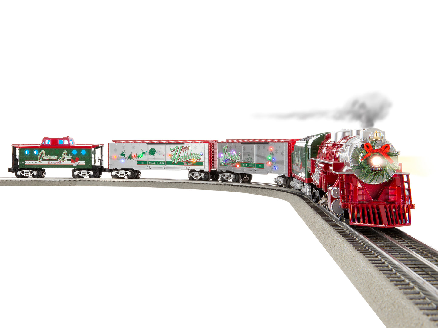 Lionel model train set Christmas Light Express LionChief. Five train cars. O scale