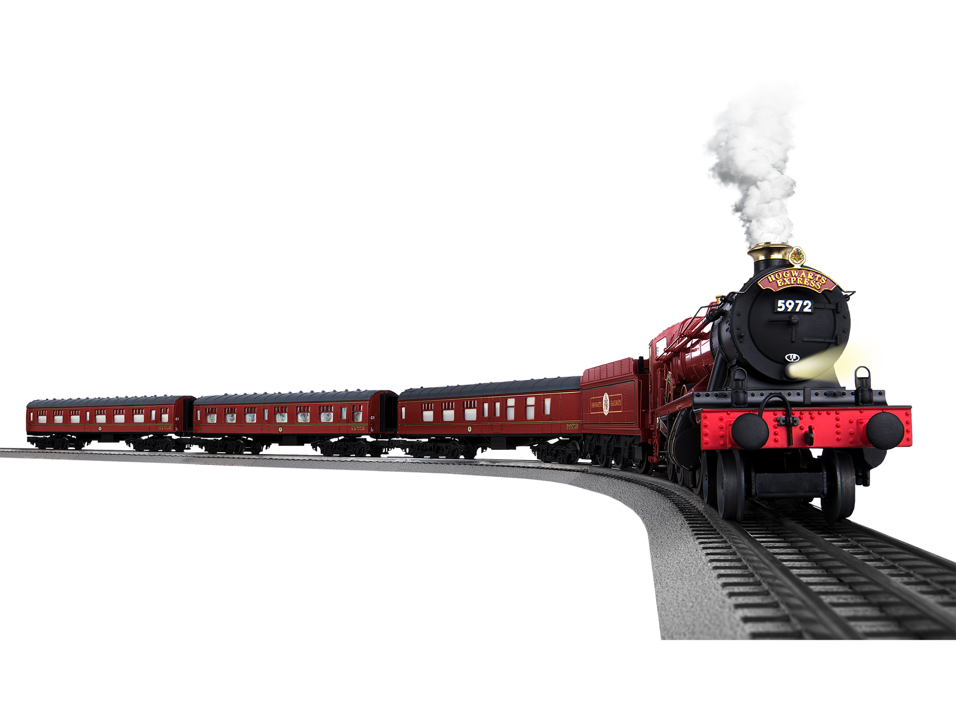 Model Train set O Scale Hogwarts Express LionChief. On the rail tracks.