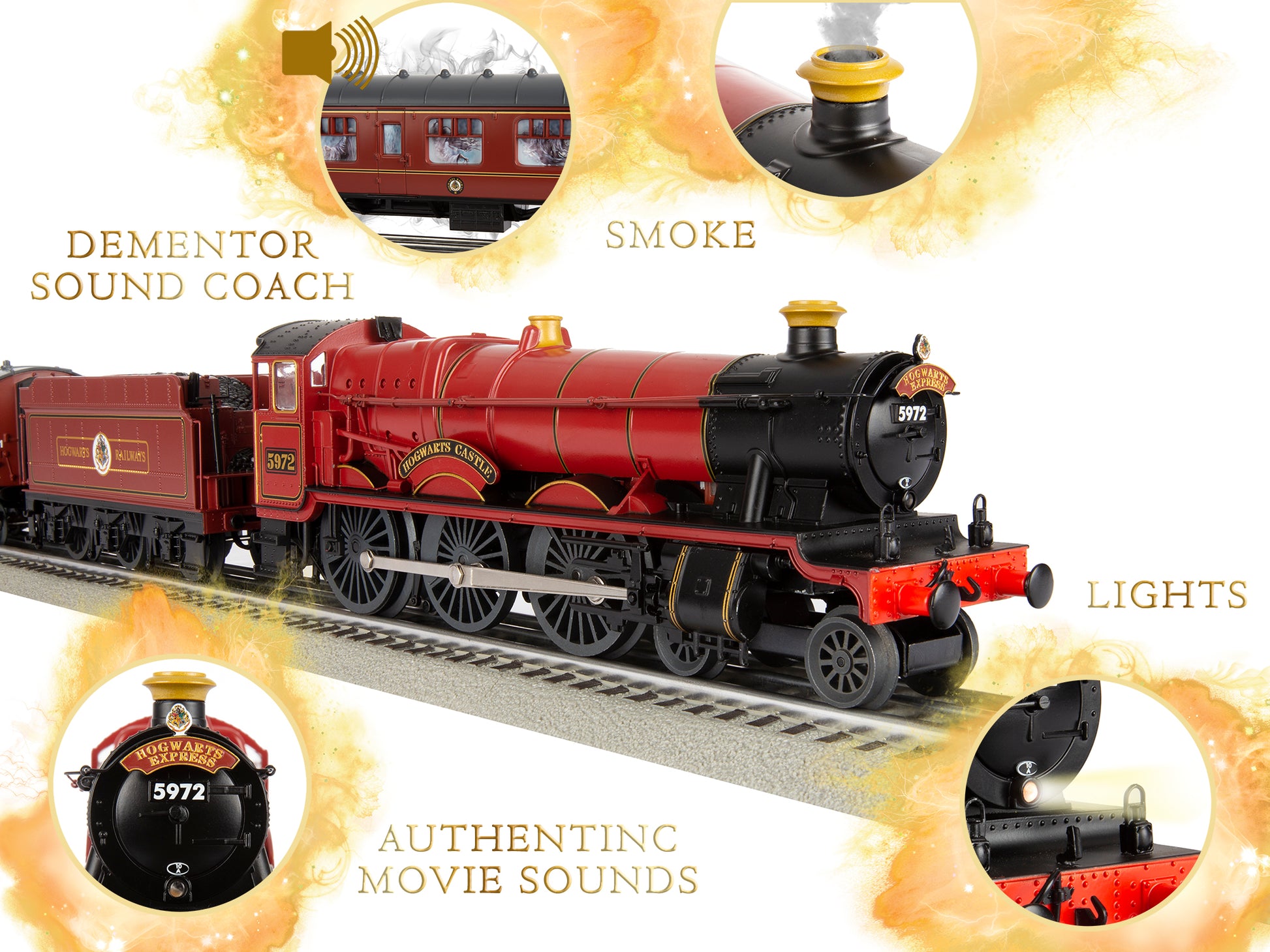 Close up of Model Train set O Scale Hogwarts Express LionChief..