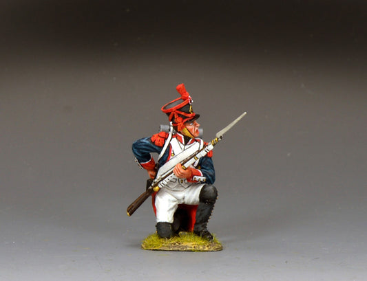 King & Country F.L.I. Kneeling Reaching For A Cartridge, French Light Infantry kneeling with Charleville musket, reaching back to giberne for next round, red plume shako, blue coat with red epaulettes, 1/30 60mm matte figure, NA534