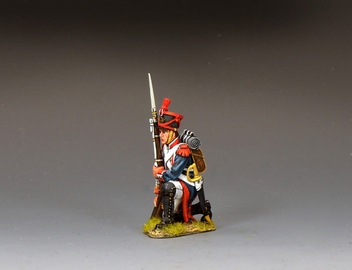 King & Country F.L.I. Kneeling Ready, French Light Infantry kneeling with Charleville musket and fixed bayonet vertical at chest, red plume shako, blue coat with red epaulettes, 1/30 60mm matte figure, NA535