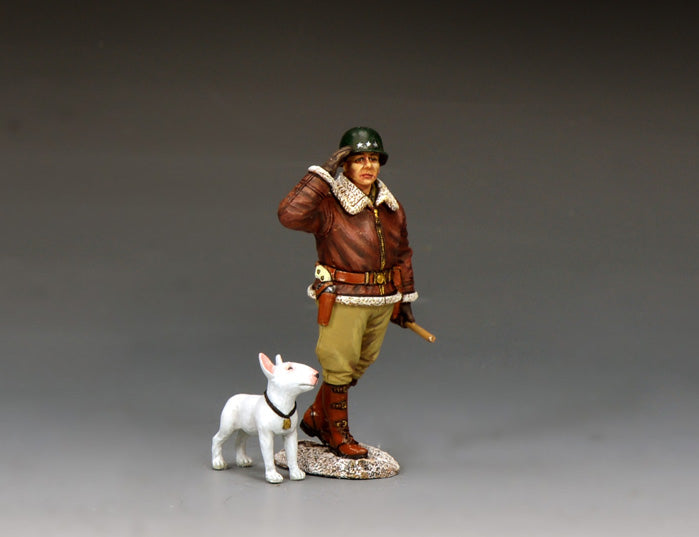1/30 scale matte-finish toy soldier of General Patton saluting with his English Bull Terrier “Willie.”