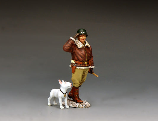 1/30 scale matte-finish toy soldier of General Patton saluting with his English Bull Terrier “Willie.”