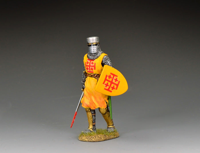 Crusader Priest of Jerusalem Model of a medieval knight in armor with a yellow shield on a gray background