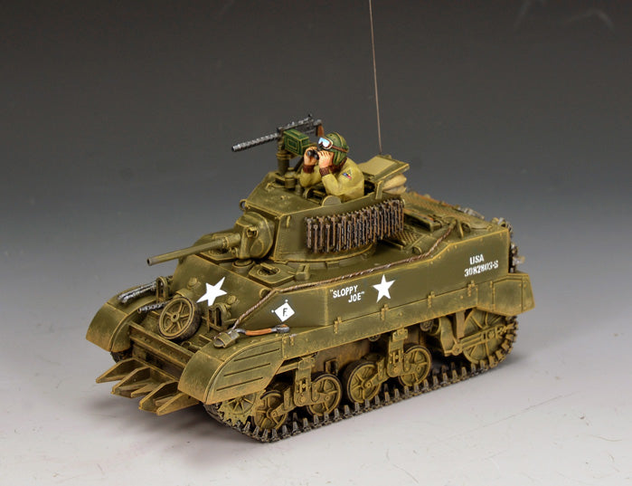 King & Country DD395 olive-drab M5A1 Stuart light tank marked "Sloppy Joe" with welded steel hedgerow-cutter forks on the front hull and a tank commander in the open turret.
