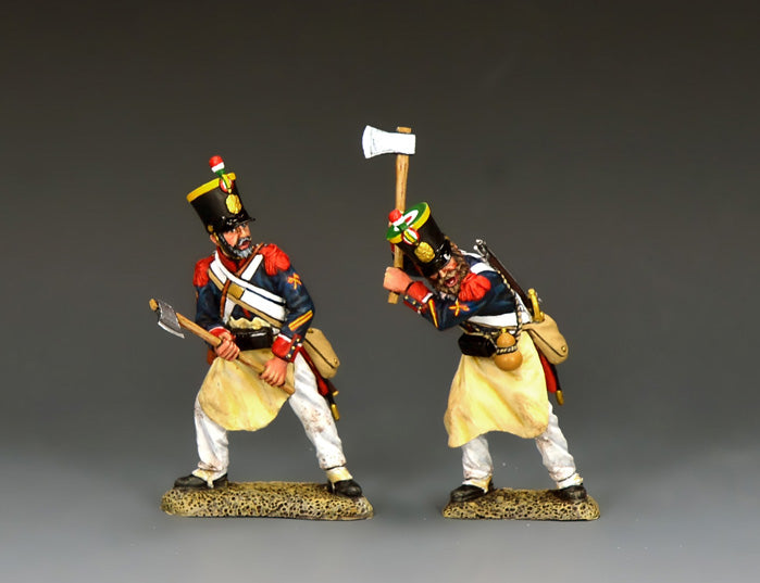 King & Country pair of Santa Anna's assault pioneers, bearded Mexican sappers with axes and leather aprons over blue coatees, Alamo 1836, RTA146