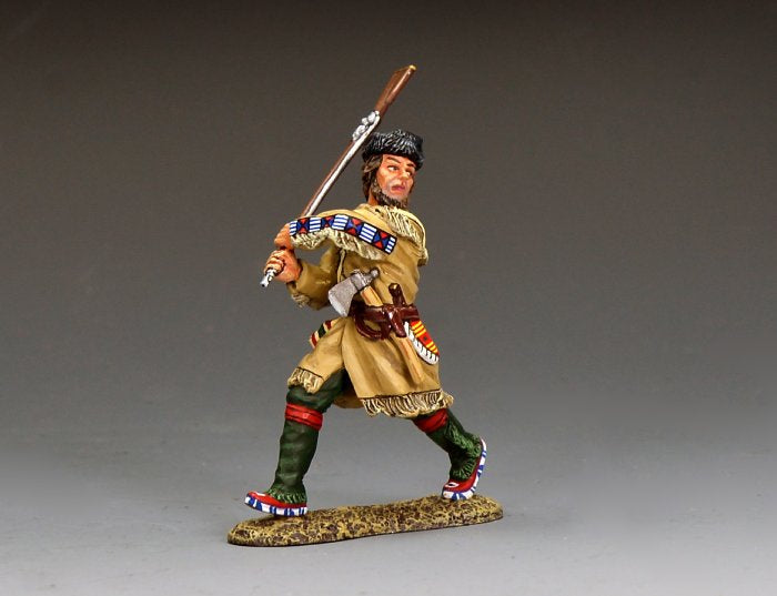 King & Country Fighting Backwoodsman, buckskin-clad Alamo defender swinging his long rifle as a club, fur cap, beaded frock and moccasins, 1836, RTA161
