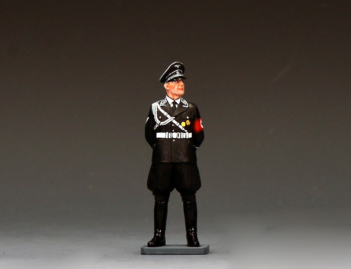 King & Country LAH267 figure of a Leibstandarte SS staff officer at ease in black dress uniform with aiguillettes over the right shoulder and a peaked cap.