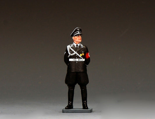 King & Country LAH267 figure of a Leibstandarte SS staff officer at ease in black dress uniform with aiguillettes over the right shoulder and a peaked cap.
