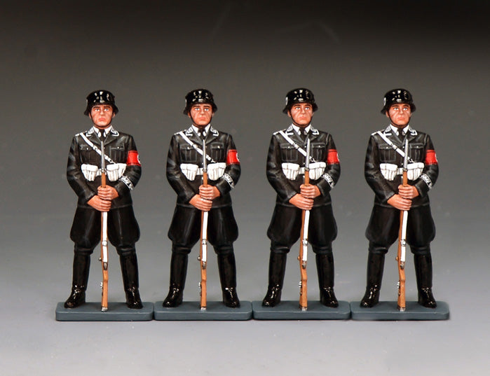 King & Country LAH-S05 set of four identical Leibstandarte SS honour guards standing at parade rest in black dress uniform with rifles grounded.