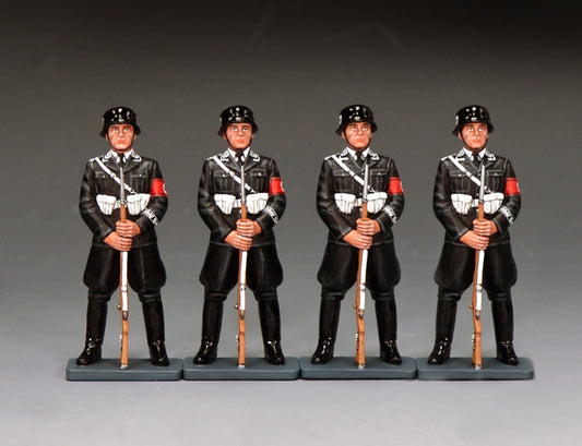 King & Country LAH-S05 set of four identical Leibstandarte SS honour guards standing at parade rest in black dress uniform with rifles grounded.